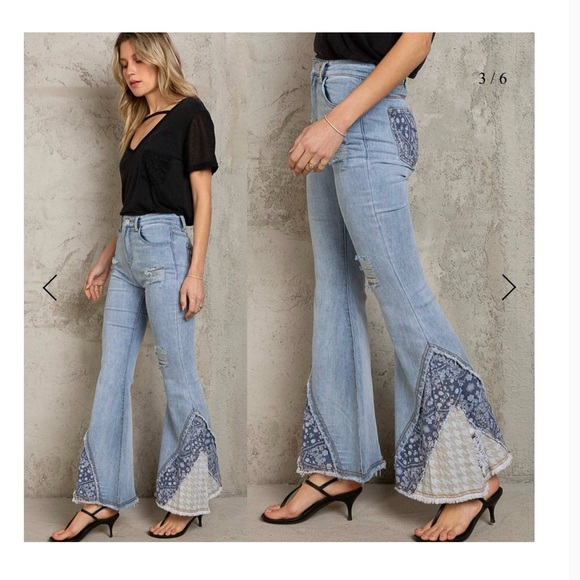 NEW - POL Patchwork Bell Bottom Jeans with Raw Hem Details - Picture 3 of 4